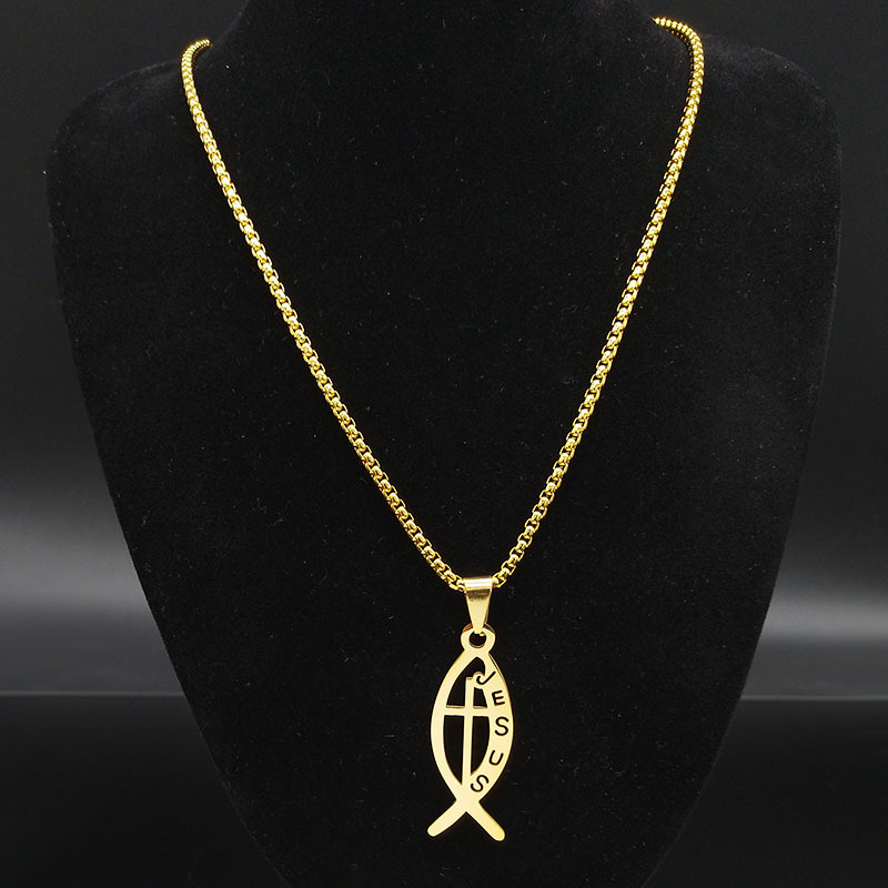 New Arrival Fashion Men's Gold Plated Stainless Steel Necklace Simple Fish Cross Pendant Delicate Personalized Statement Jewelry Accessory for Men