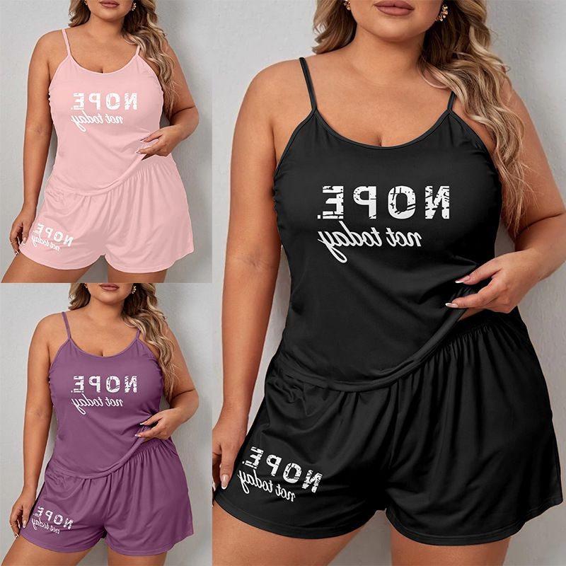 【SALE】Plus Size Women Letter Print Pajama Set Sleeveless Cami Top With Shorts Loose Casual Loungewear Home And Outdoor Wear