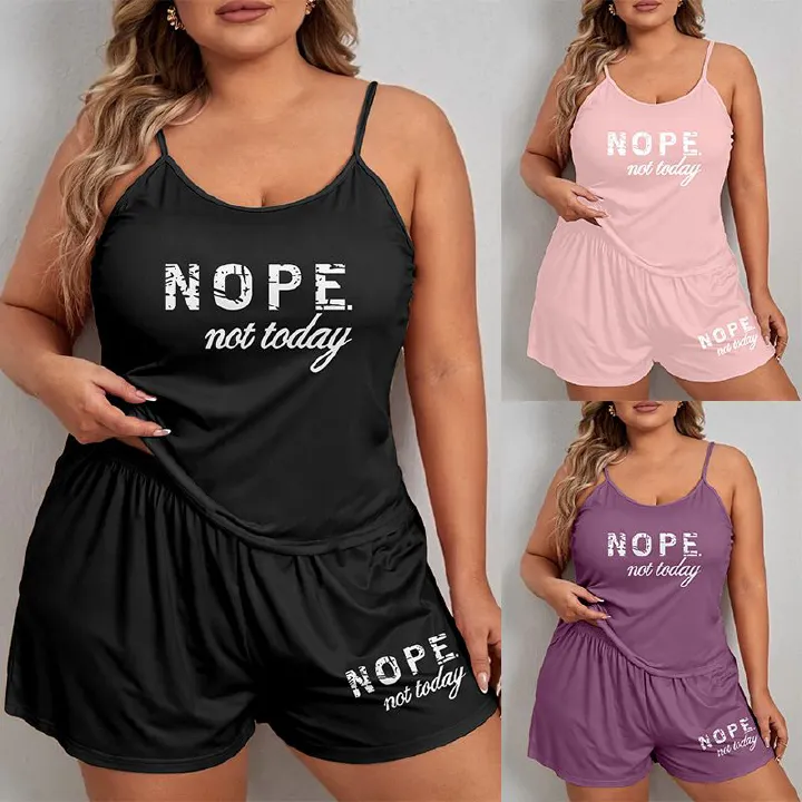【SALE】Plus Size Women Letter Print Pajama Set Sleeveless Cami Top With Shorts Loose Casual Loungewear Home And Outdoor Wear