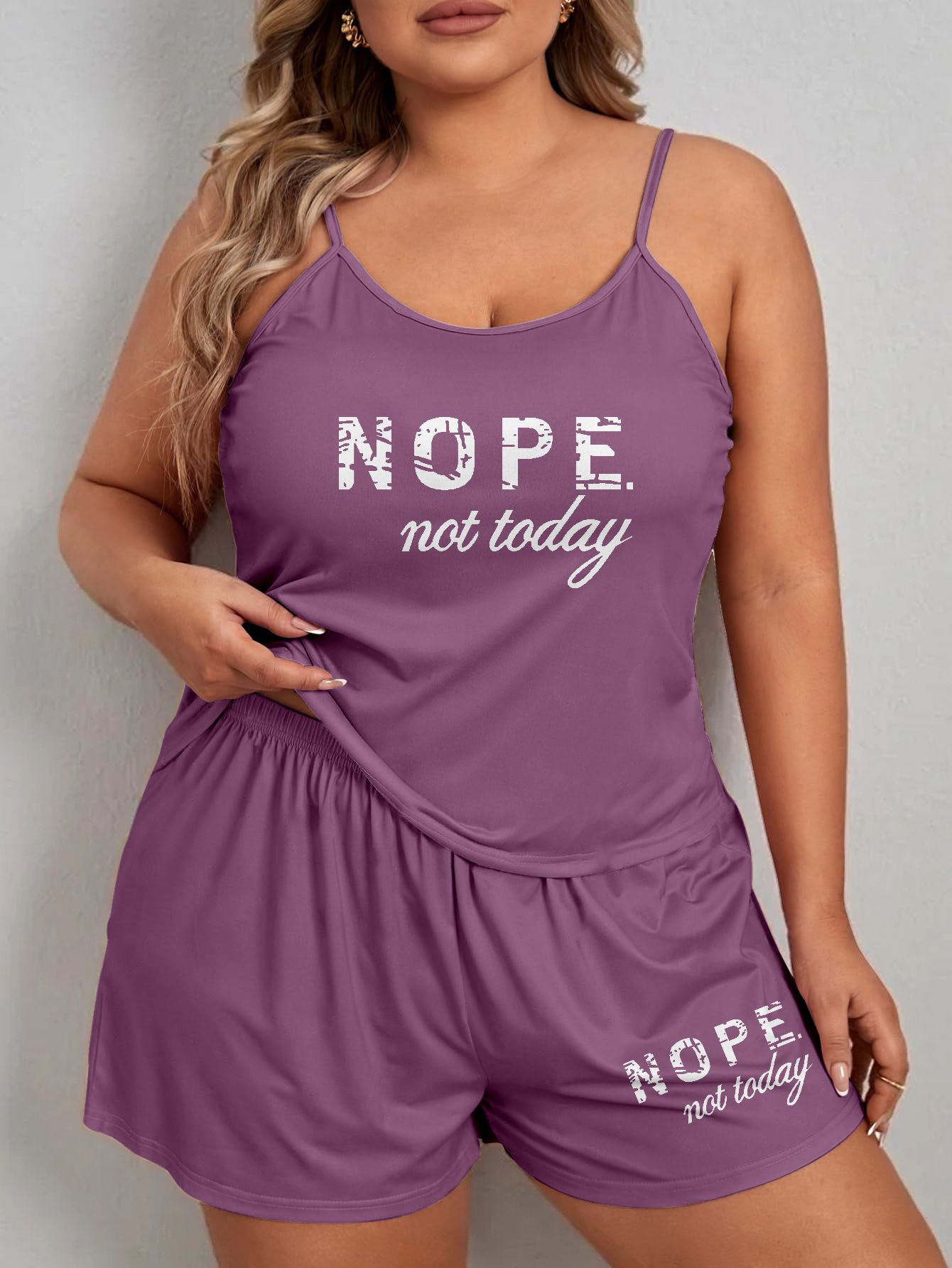 【SALE】Plus Size Women Letter Print Pajama Set Sleeveless Cami Top With Shorts Loose Casual Loungewear Home And Outdoor Wear
