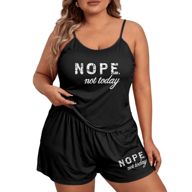 【SALE】Plus Size Women Letter Print Pajama Set Sleeveless Cami Top With Shorts Loose Casual Loungewear Home And Outdoor Wear