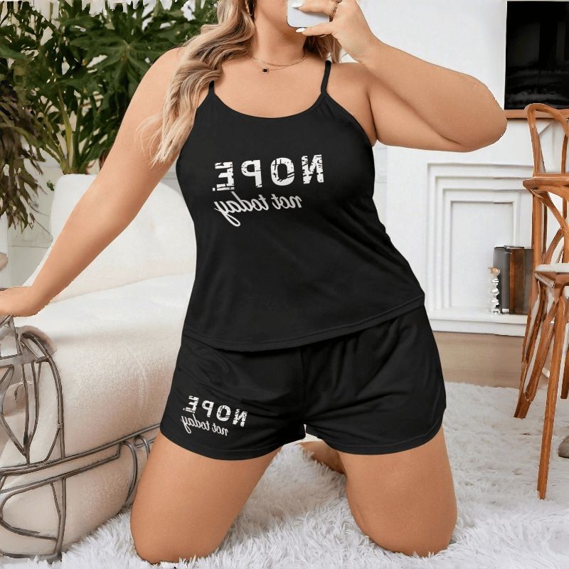 【SALE】Plus Size Women Letter Print Pajama Set Sleeveless Cami Top With Shorts Loose Casual Loungewear Home And Outdoor Wear