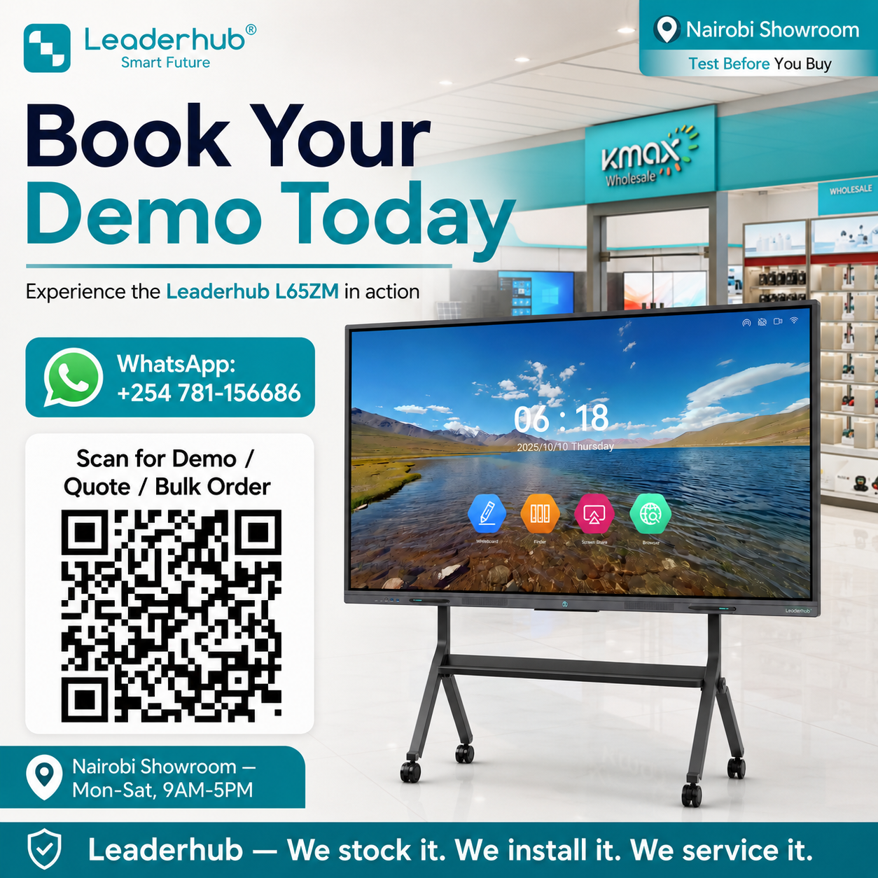 Leaderhub L65ZM 65" 4K Interactive Flat Panel Display | Android 14 | 8GB+128GB | 40-Point Touch | 1-Year Local Warranty | Nairobi Showroom — Test Before You Buy for Classroom Conference ​Meeting Room