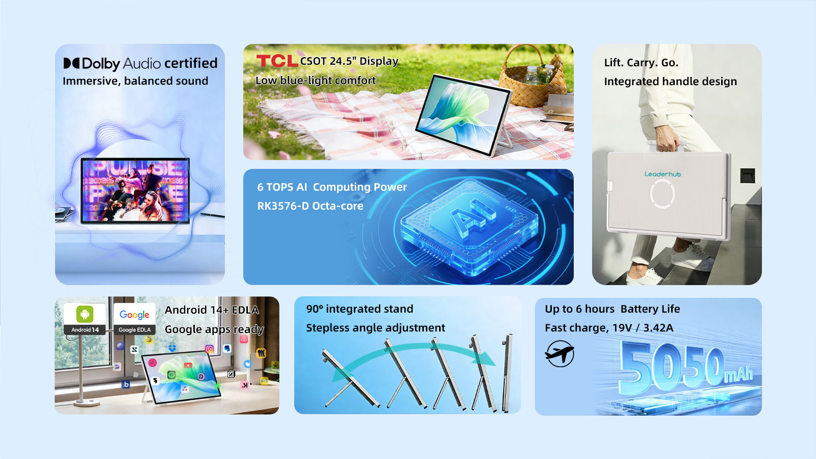 Leaderhub 24.5 Inch Portable Frameless Smart TV Son Dolby HD Bluetooth WiFi TV Youtube Television Android 14 AC Energy Saving 8GB+128GB