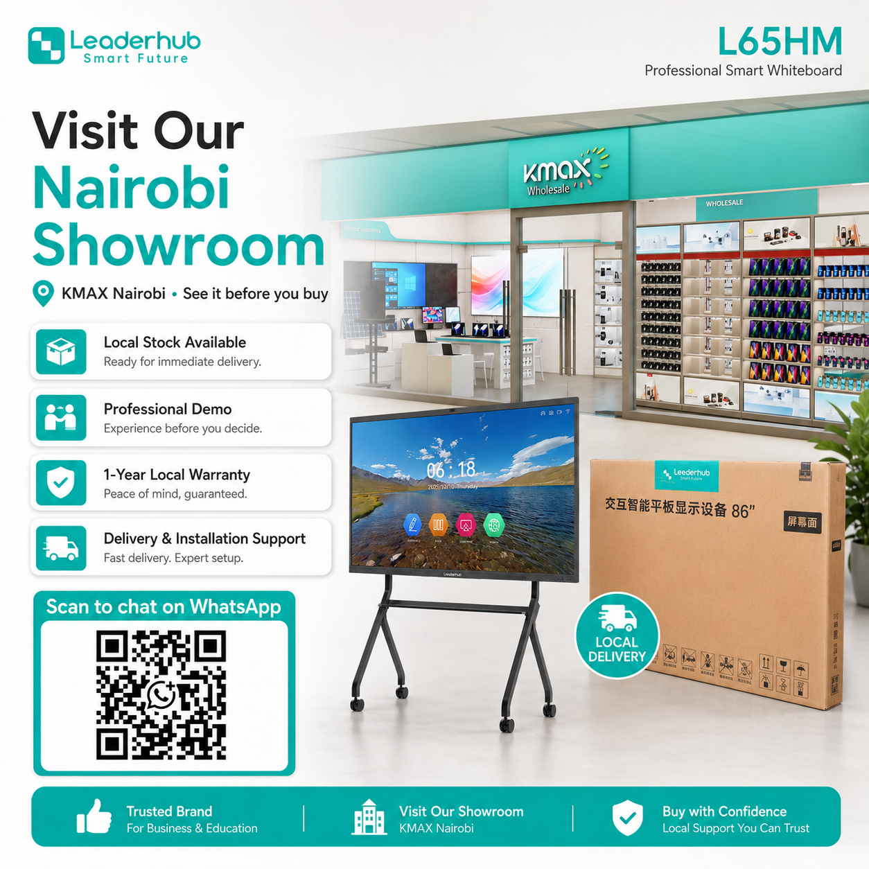 Leaderhub L65HM 65" 4K UHD Smart Whiteboard for Hybrid Meetings & Professional Collaboration| Android 16 | 50-Point Touch | 50MP AI Camera | 8-Array Mic | Nairobi Showroom | 1-Year Local Warranty