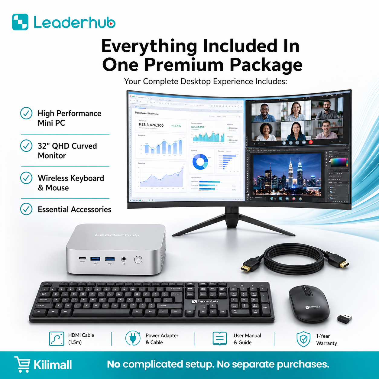 Leaderhub AD8 Premium Desktop Bundle – Ryzen 7 H255 Mini PC, 32GB RAM + 1TB SSD, Radeon 780M, 32-Inch QHD Curved Monitor, Wireless Keyboard & Mouse