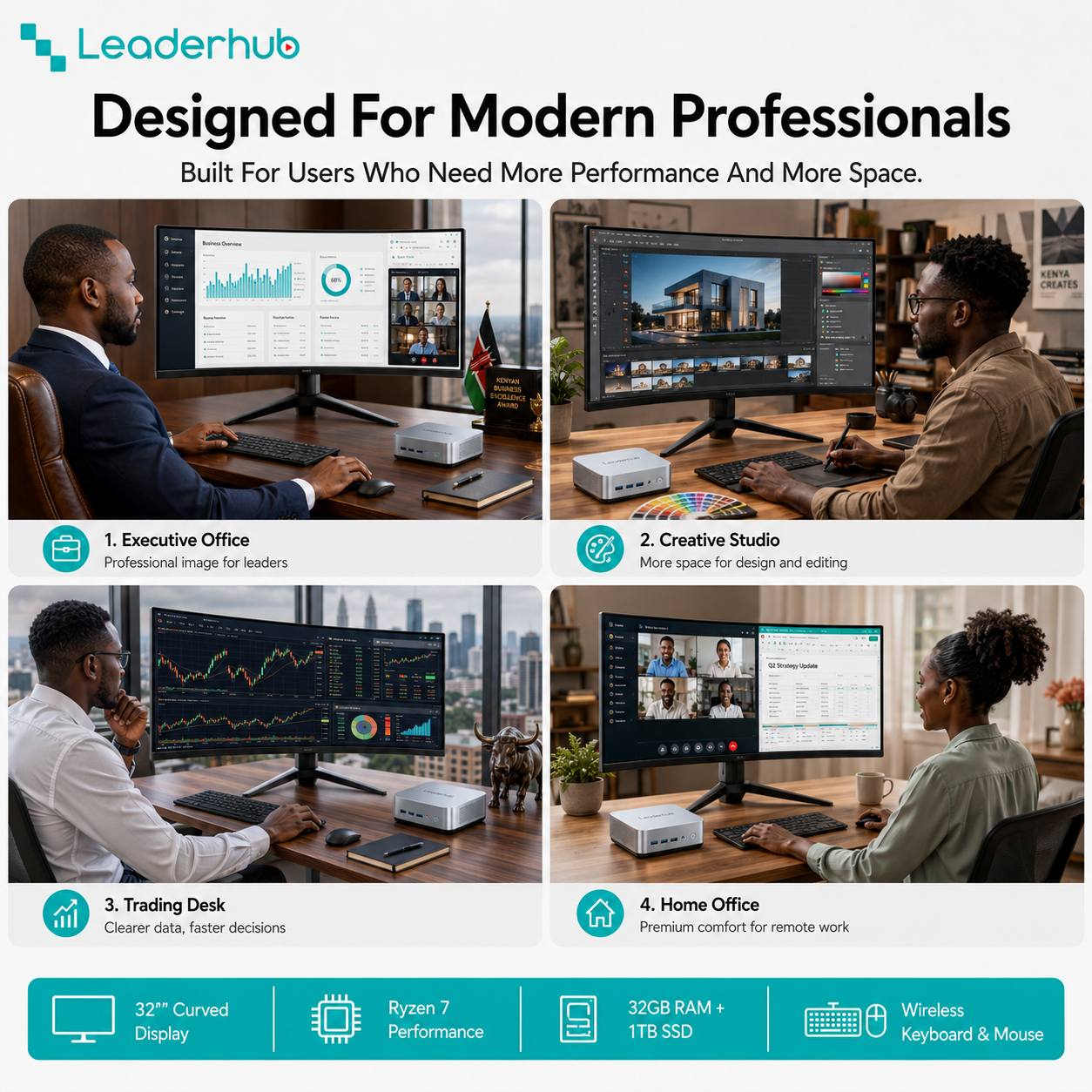 Leaderhub AD8 Premium Desktop Bundle – Ryzen 7 H255 Mini PC, 32GB RAM + 1TB SSD, Radeon 780M, 32-Inch QHD Curved Monitor, Wireless Keyboard & Mouse