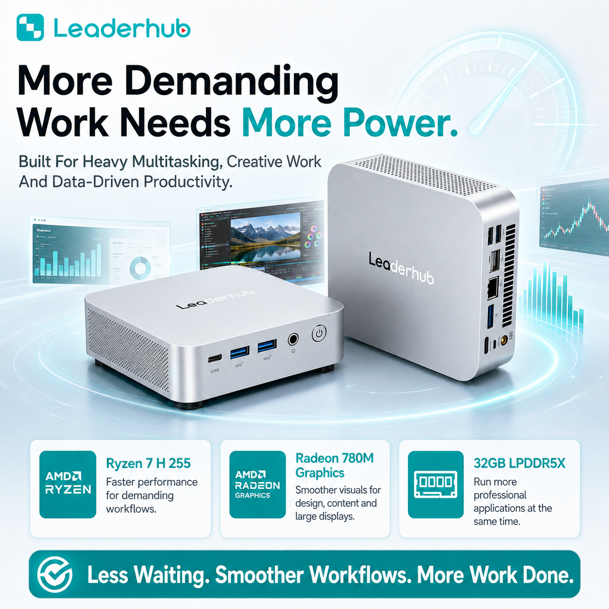 Leaderhub AD8 High Performance Mini PC AMD Ryzen 7 H 255, Radeon 780M Graphics, 32GB LPDDR5X, 1TB NVMe SSD, 4-Display Support, Dual 2.5GbE LAN, Wi-Fi 6, 1-Year Kenya Warranty – Mini PC Only