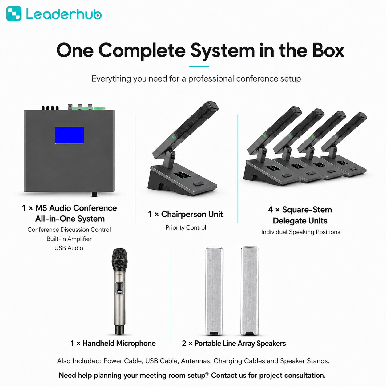 Leaderhub M5 Professional Wireless Conference Audio System with 1 Chairperson Unit, 4 Delegate Units, Handheld Microphone, 2 Line Array Speakers, Built-in 4×80W Amplifier and USB Audio