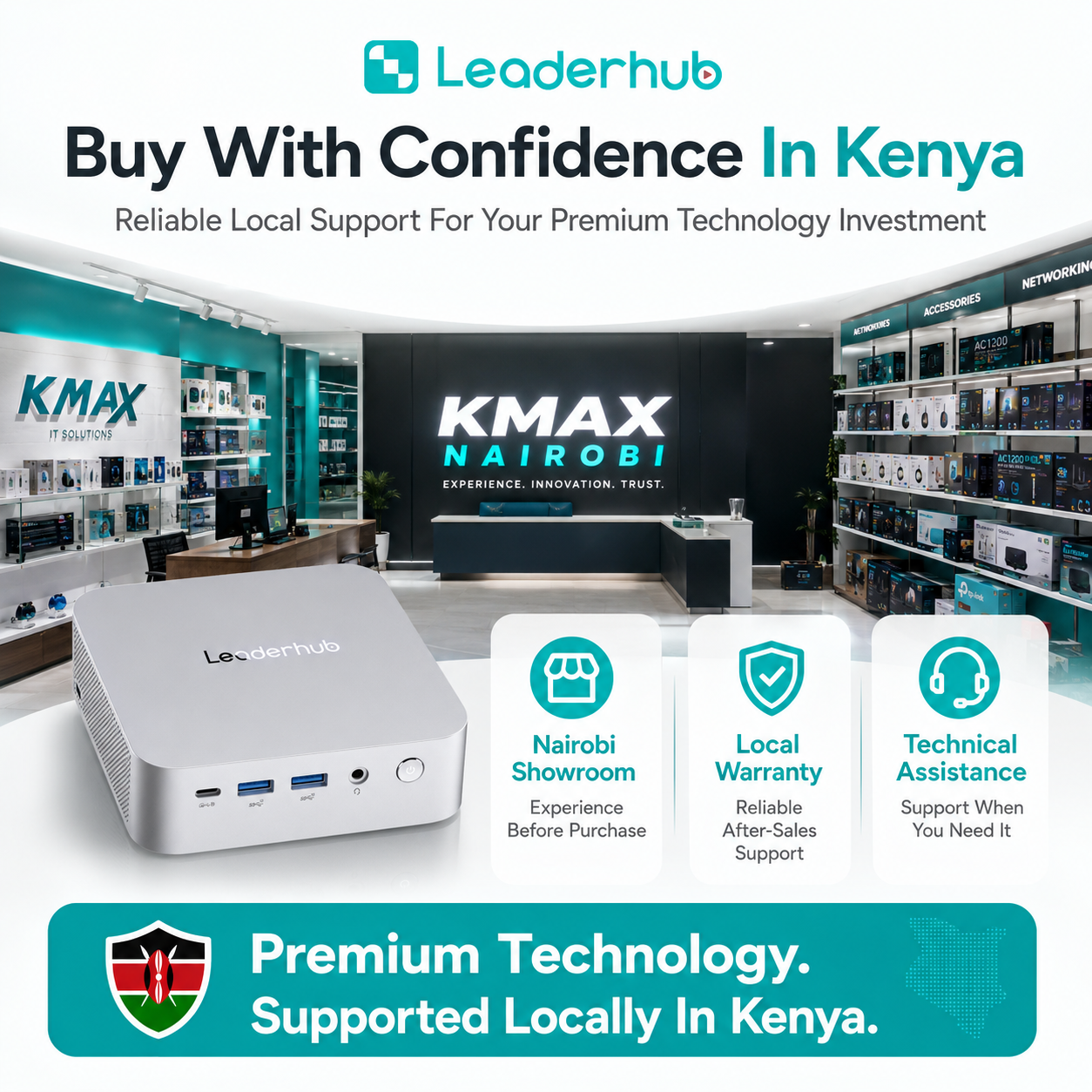 Leaderhub AD8 High Performance Mini PC AMD Ryzen 7 H 255, Radeon 780M Graphics, 32GB LPDDR5X, 1TB NVMe SSD, 4-Display Support, Dual 2.5GbE LAN, Wi-Fi 6, 1-Year Kenya Warranty – Mini PC Only