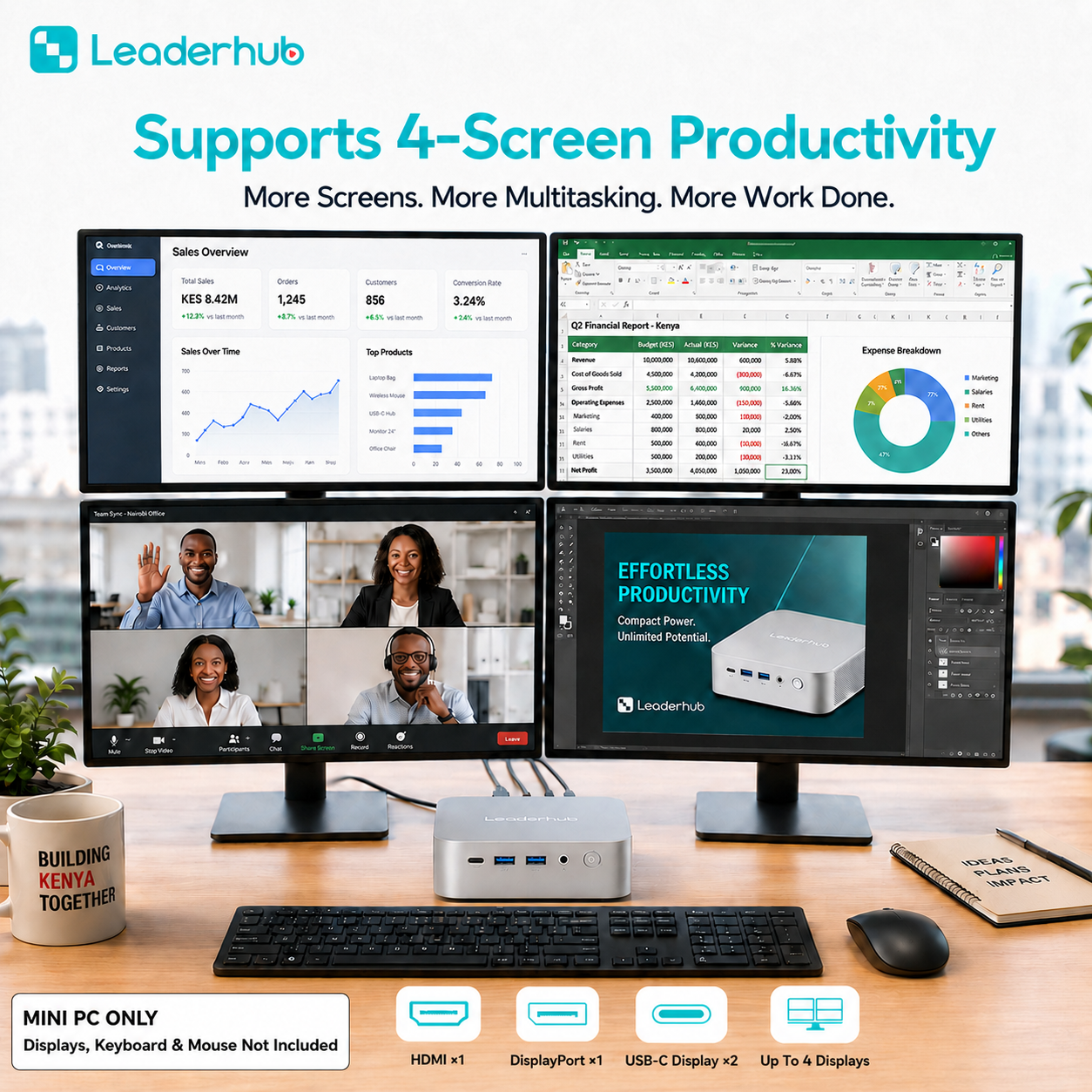 Leaderhub AD8 High Performance Mini PC AMD Ryzen 7 H 255, Radeon 780M Graphics, 32GB LPDDR5X, 1TB NVMe SSD, 4-Display Support, Dual 2.5GbE LAN, Wi-Fi 6, 1-Year Kenya Warranty – Mini PC Only