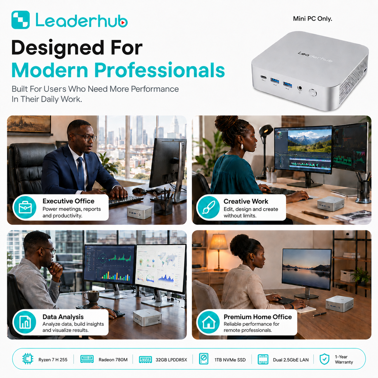 Leaderhub AD8 High Performance Mini PC AMD Ryzen 7 H 255, Radeon 780M Graphics, 32GB LPDDR5X, 1TB NVMe SSD, 4-Display Support, Dual 2.5GbE LAN, Wi-Fi 6, 1-Year Kenya Warranty – Mini PC Only