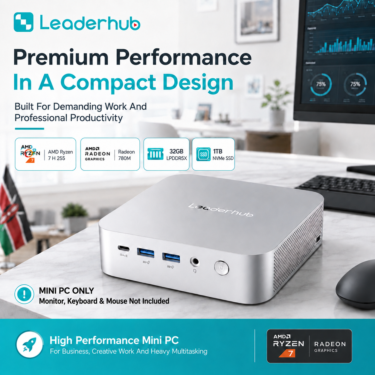 Leaderhub AD8 High Performance Mini PC AMD Ryzen 7 H 255, Radeon 780M Graphics, 32GB LPDDR5X, 1TB NVMe SSD, 4-Display Support, Dual 2.5GbE LAN, Wi-Fi 6, 1-Year Kenya Warranty – Mini PC Only