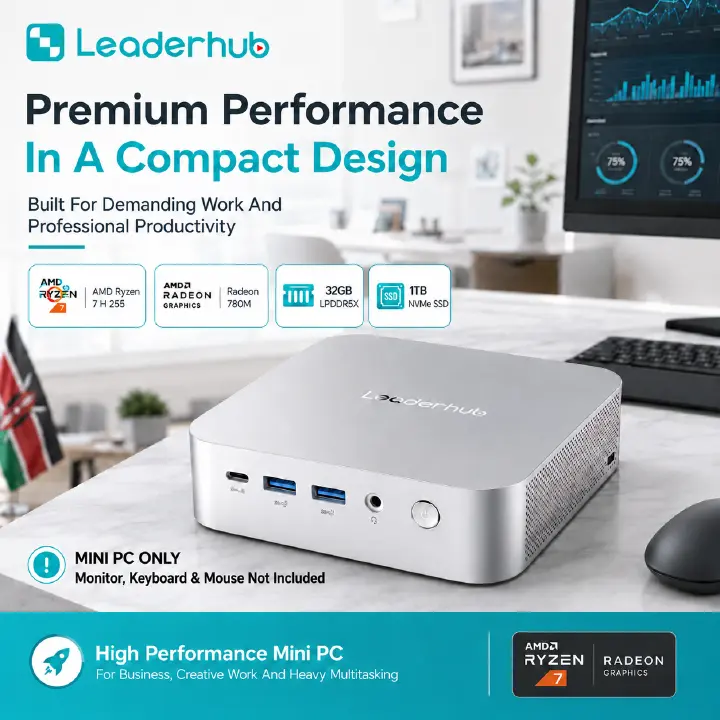 Leaderhub AD8 High Performance Mini PC AMD Ryzen 7 H 255, Radeon 780M Graphics, 32GB LPDDR5X, 1TB NVMe SSD, 4-Display Support, Dual 2.5GbE LAN, Wi-Fi 6, 1-Year Kenya Warranty – Mini PC Only