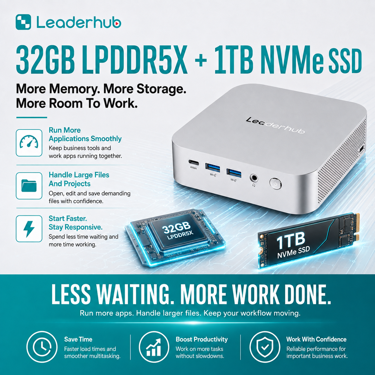 Leaderhub AD8 High Performance Mini PC AMD Ryzen 7 H 255, Radeon 780M Graphics, 32GB LPDDR5X, 1TB NVMe SSD, 4-Display Support, Dual 2.5GbE LAN, Wi-Fi 6, 1-Year Kenya Warranty – Mini PC Only