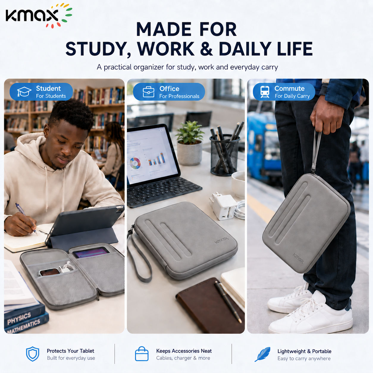 KMAX 11 Inch Tablet Organizer Bag Hard Shell Case with Accessories Storage, Protective iPad Sleeve for Students & Office, Fits iPad 10.9"/11" Tablets