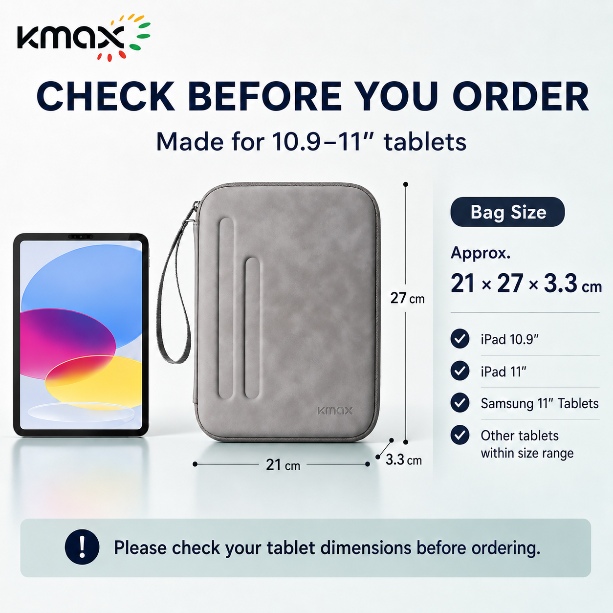 KMAX 11 Inch Tablet Organizer Bag Hard Shell Case with Accessories Storage, Protective iPad Sleeve for Students & Office, Fits iPad 10.9"/11" Tablets