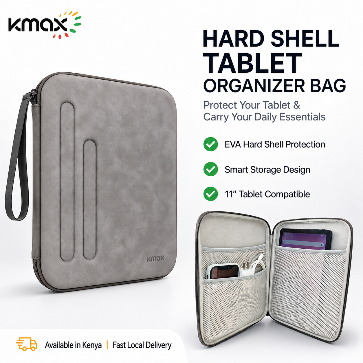 KMAX 11 Inch Tablet Organizer Bag Hard Shell Case with Accessories Storage, Protective iPad Sleeve for Students & Office, Fits iPad 10.9"/11" Tablets