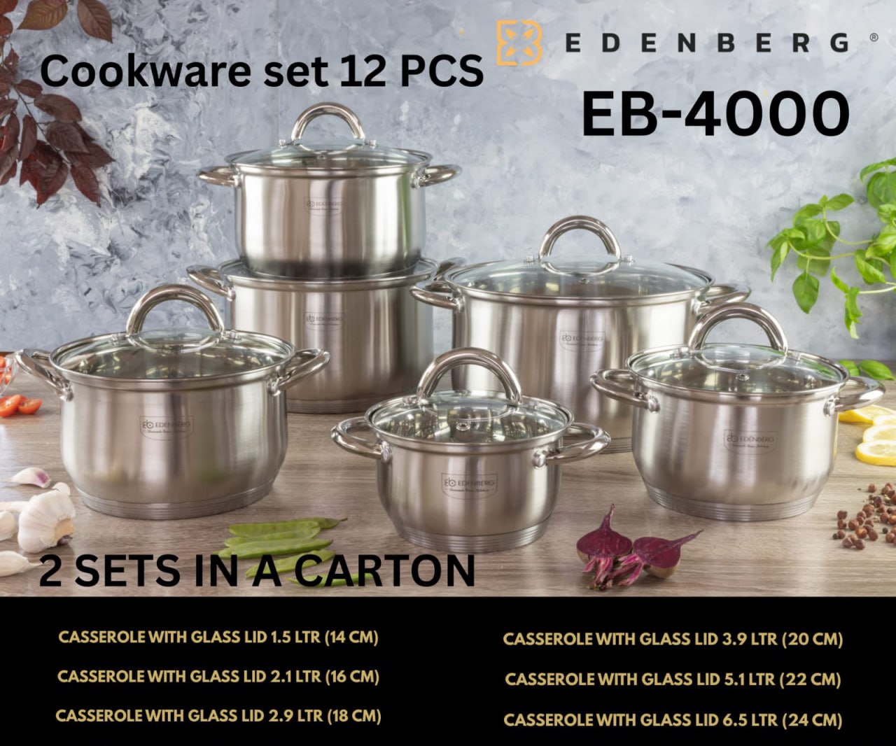 Edenberg 12pcs Stainless Steel Cookware Set – Induction Enabled Kitchen Pots and Pans for Boiling, Frying, Sautéing and Everyday Meal Preparation, Durable Cookware Set for Home Cooking