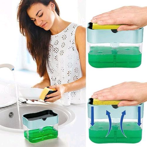 2-in-1 Liquid Soap Dispenser with Sponge Holder 385ml – Countertop Dish Soap Pump with Sponge Caddy, Press-Action Dispenser for Kitchen Sink, Dishwashing & Cleaning