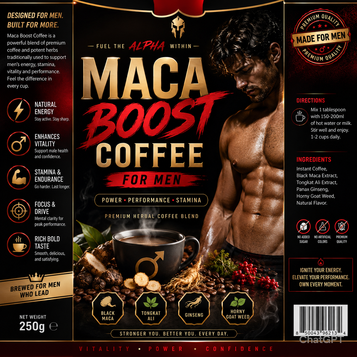 Maca Boost Coffee For Men Natural Energy Stamina Testosterone Hormonal Balance Libido Endurance Vitality Mental Focus Strength And Performance Enhancer Supplement Increase Energy, Strength, Libido