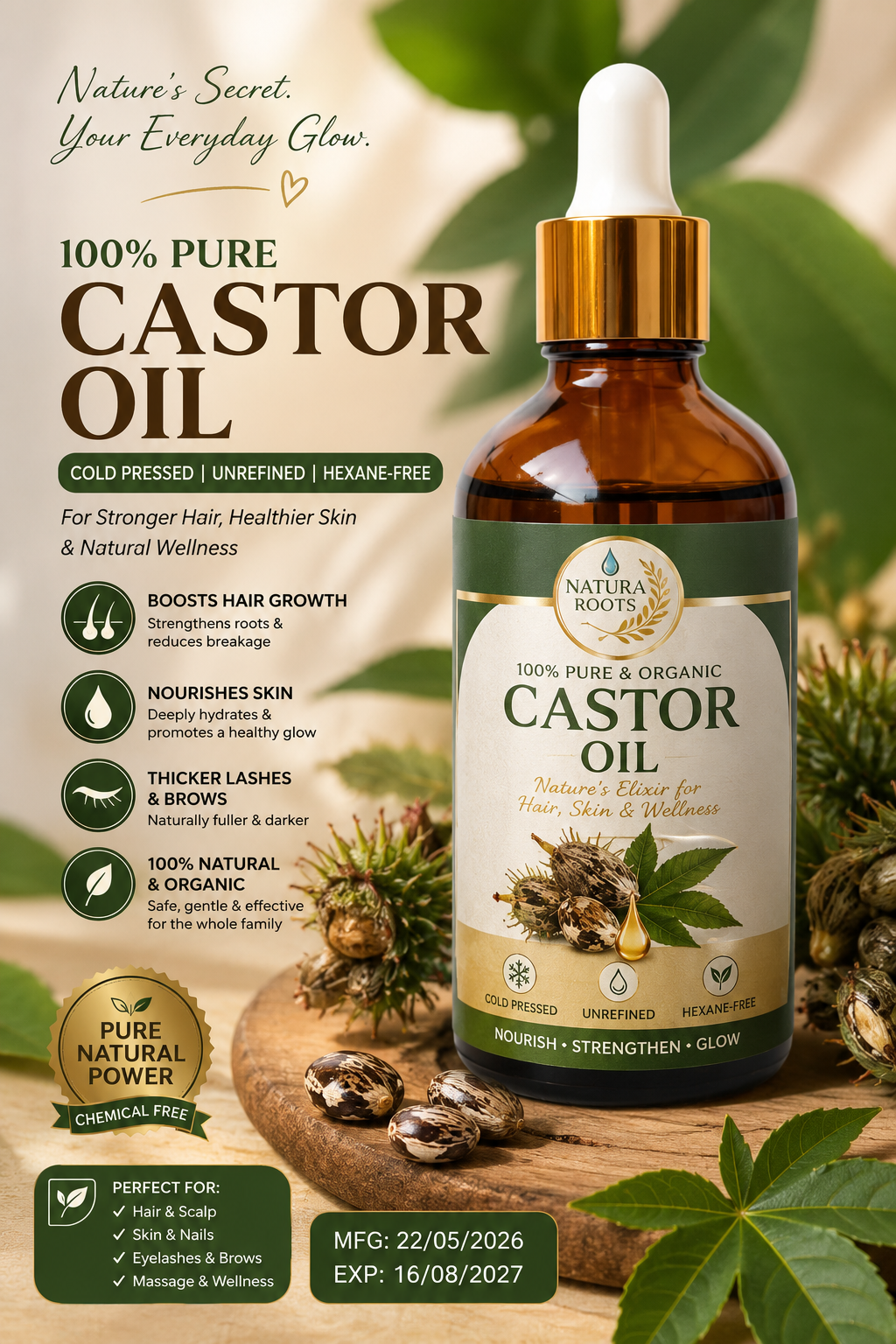 Castor Oil Organic, Cold -Pressed, Hexane Free and Edible- Shrinks Fibroids & Cysts, Castor Oil Packs, Navel Oiling, Nourishing Treatment for Hair and Skin , Eyelashes & Eyebrows Serum.