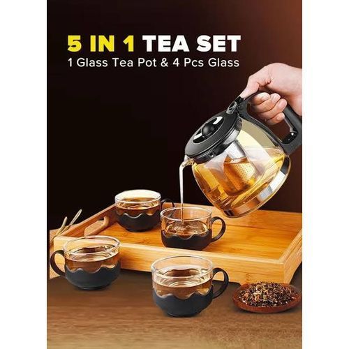 HEAT RESISTANT BOROSILICATE GLASS 5IN1 TEA POT [1L INFUSION TEA POT + 4- 160ML CUPS] INFUSER, BOROSILICATE TEA KETTLE STOVETOP SAFE, LOOSE LEAF & BLOOMING TEA MAKER GIFT SET FOR WOMEN