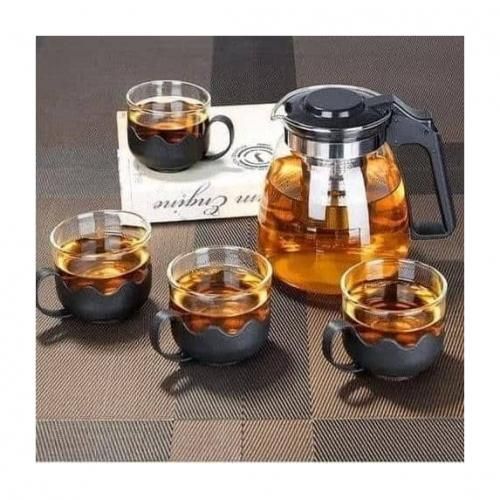 HEAT RESISTANT BOROSILICATE GLASS 5IN1 TEA POT [1L INFUSION TEA POT + 4- 160ML CUPS] INFUSER, BOROSILICATE TEA KETTLE STOVETOP SAFE, LOOSE LEAF & BLOOMING TEA MAKER GIFT SET FOR WOMEN