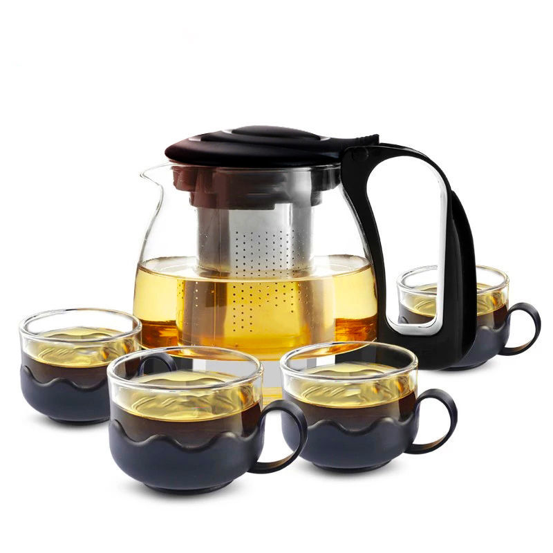 HEAT RESISTANT BOROSILICATE GLASS 5IN1 TEA POT [1L INFUSION TEA POT + 4- 160ML CUPS] INFUSER, BOROSILICATE TEA KETTLE STOVETOP SAFE, LOOSE LEAF & BLOOMING TEA MAKER GIFT SET FOR WOMEN