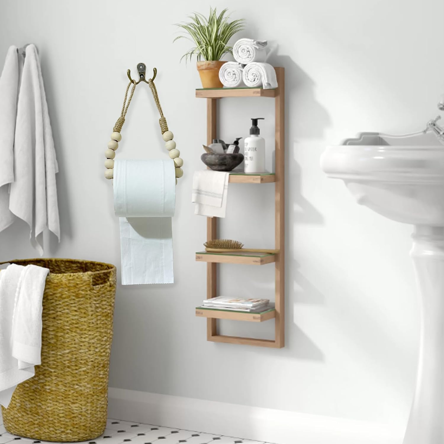 HEMP ROPE BEADED TOILET PAPER HOLDER NATURAL WOOD BEAD TOILET PAPER HOLDER HANDMADE BOHO RUSTIC FARMHOUSE WALL MOUNTED BATHROOM KITCHEN DECOR
