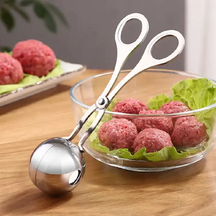 STAINLESS STEEL MEAT BALL SHAPER SCISSORS MEATBALL BALLER TOOLS NON-STICK EASY CLEAN KITCHEN GADGETS FOR COOKING AND OUTDOOR GRILLINGMEATBALL SCOOP BALL MAKER WITH DETACHABLE ANTI-SLIP HANDLES, STAINL