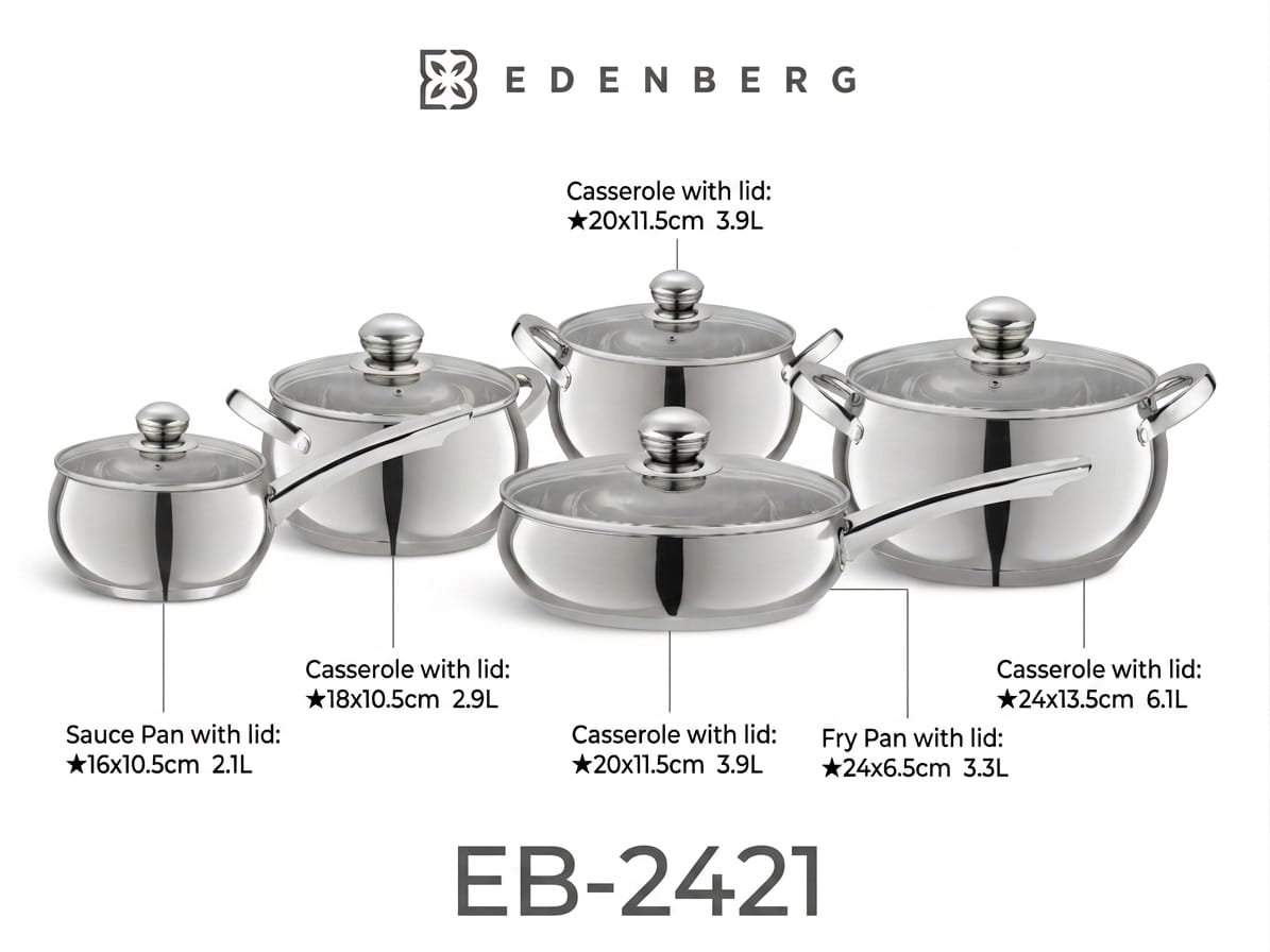 Transform your cooking experience with the 10PCS Edenberg Stainless Steel Cookware Set, a stylish and durable cookware collection designed for modern kitchens.