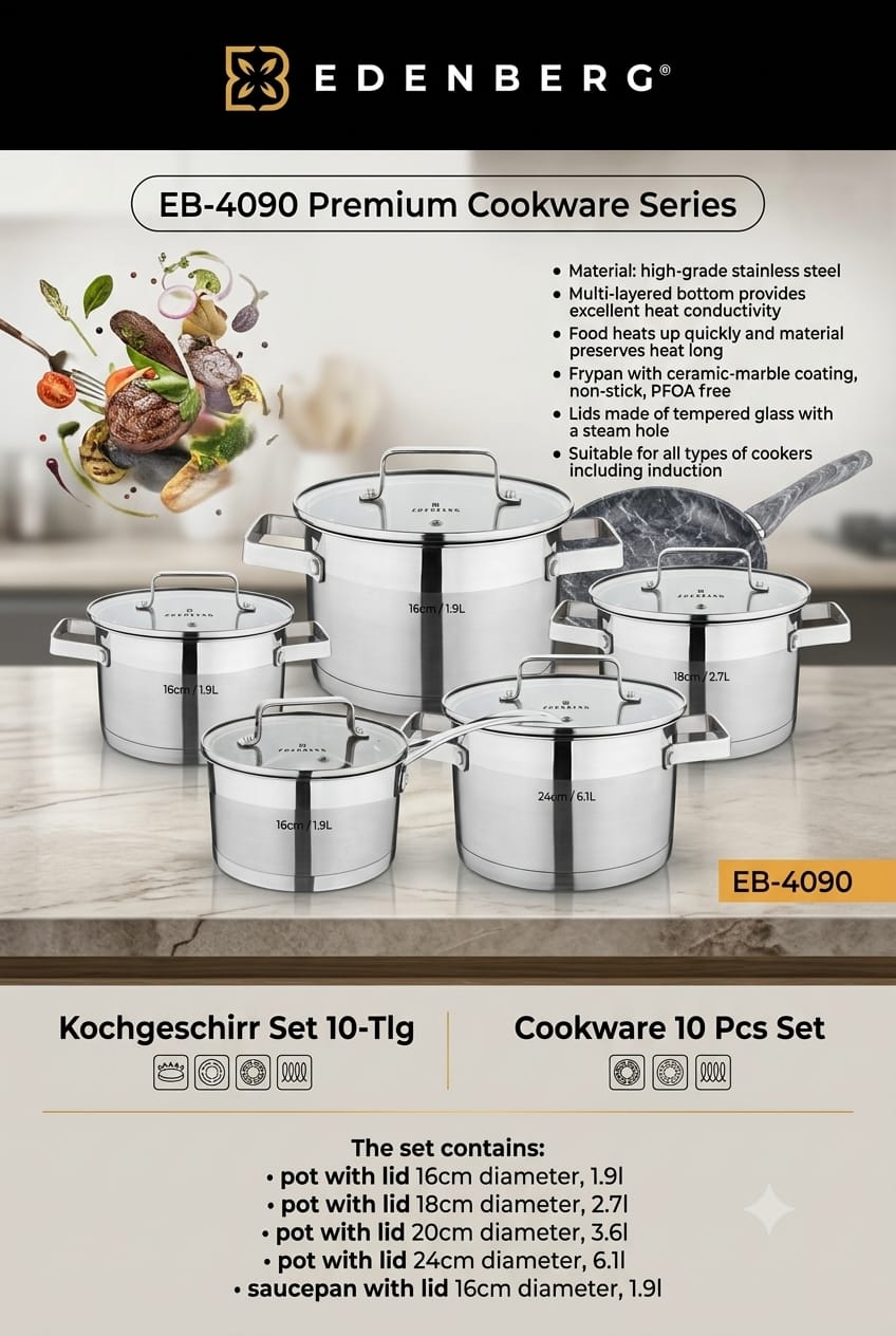 The Edenberg EB-4090 is a premium 10-piece stainless steel cookware set designed for durability, efficient heat distribution, and compatibility with all cooker types, including induction.