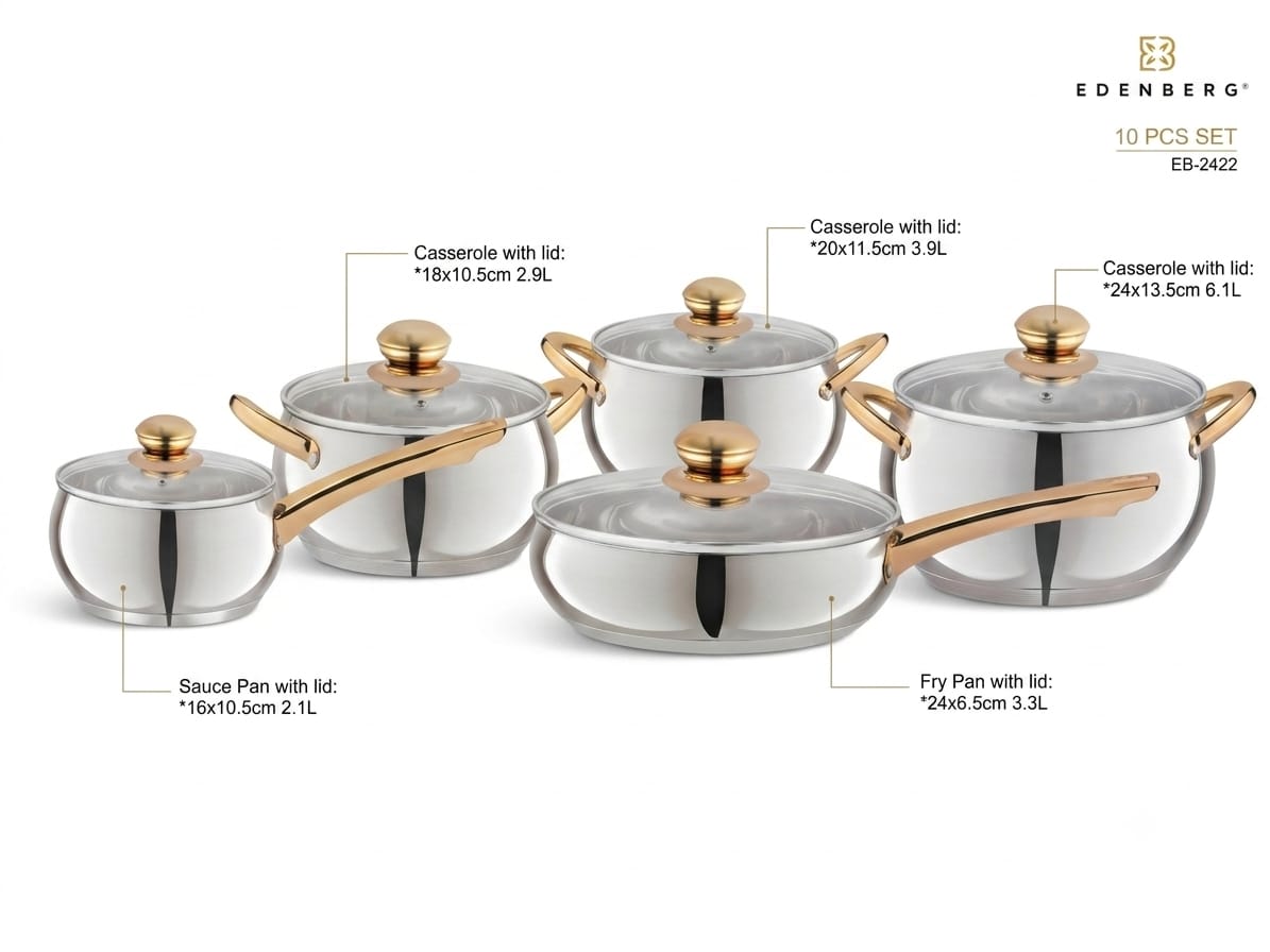 Transform your cooking experience with the 10PCS Edenberg Stainless Steel Cookware Set, a stylish and durable cookware collection designed for modern kitchens.