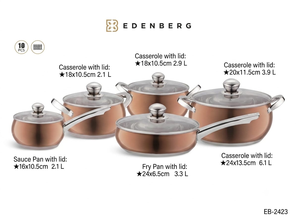 Transform your cooking experience with the 10PCS Edenberg Stainless Steel Cookware Set, a stylish and durable cookware collection designed for modern kitchens.