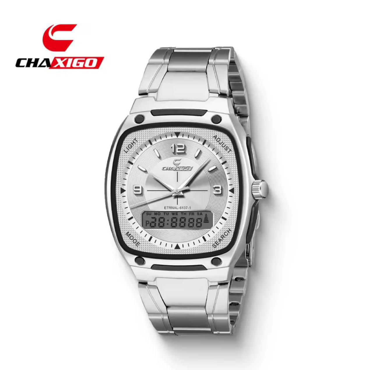 CHAXIGO Dual Time Watch #6137 - Electronic x Quartz Dual Display, 30M Waterproof, Stainless Steel Strap, Night Light Button