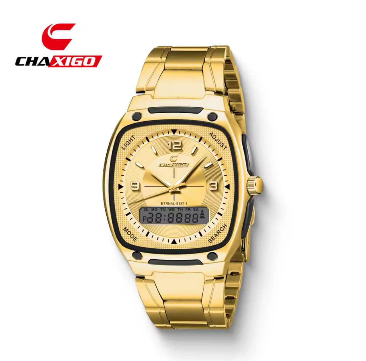 CHAXIGO Dual Time Watch #6137 - Electronic x Quartz Dual Display, 30M Waterproof, Stainless Steel Strap, Night Light Button