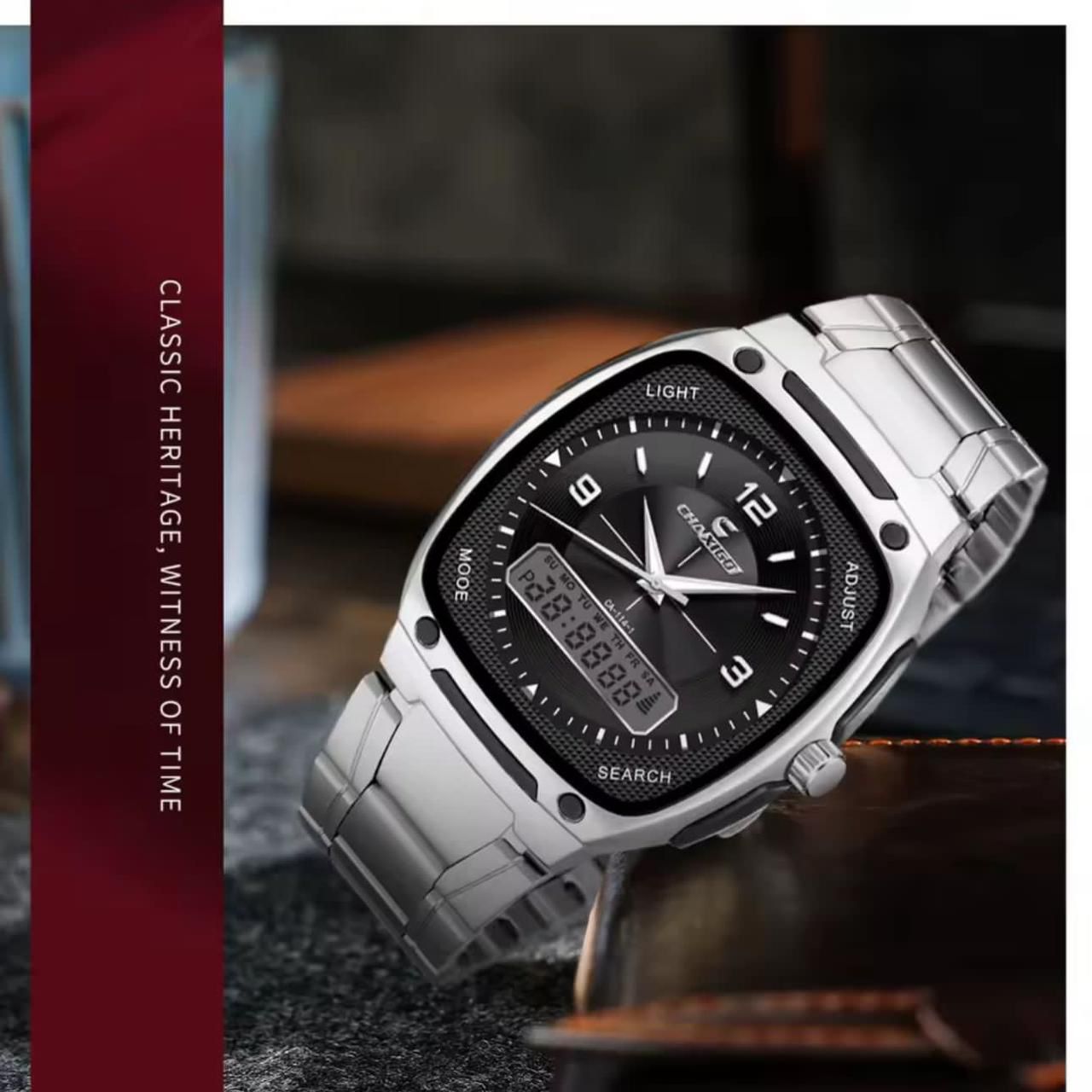 CHAXIGO Dual Time Watch #6137 - Electronic x Quartz Dual Display, 30M Waterproof, Stainless Steel Strap, Night Light Button