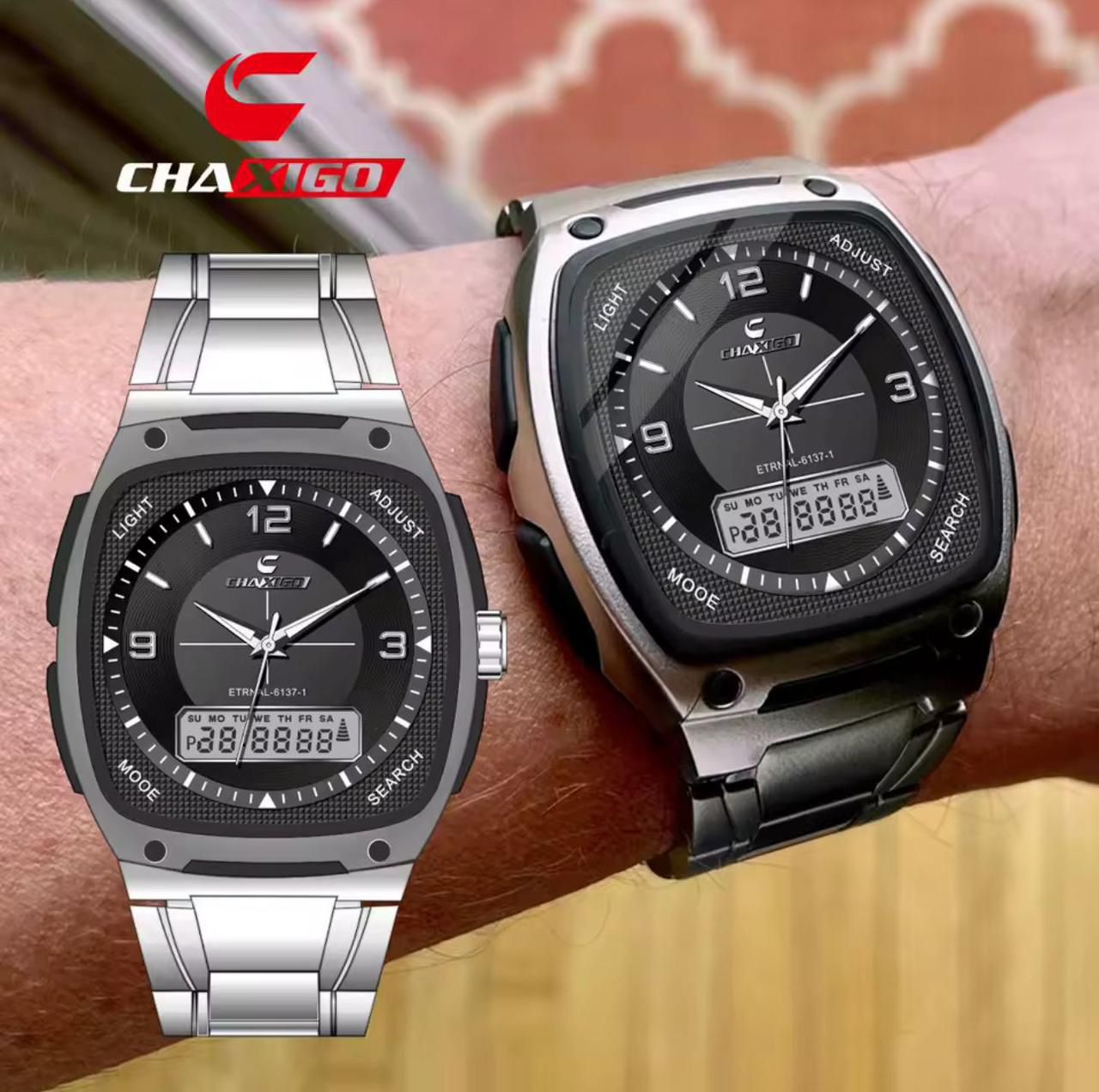 CHAXIGO Dual Time Watch #6137 - Electronic x Quartz Dual Display, 30M Waterproof, Stainless Steel Strap, Night Light Button