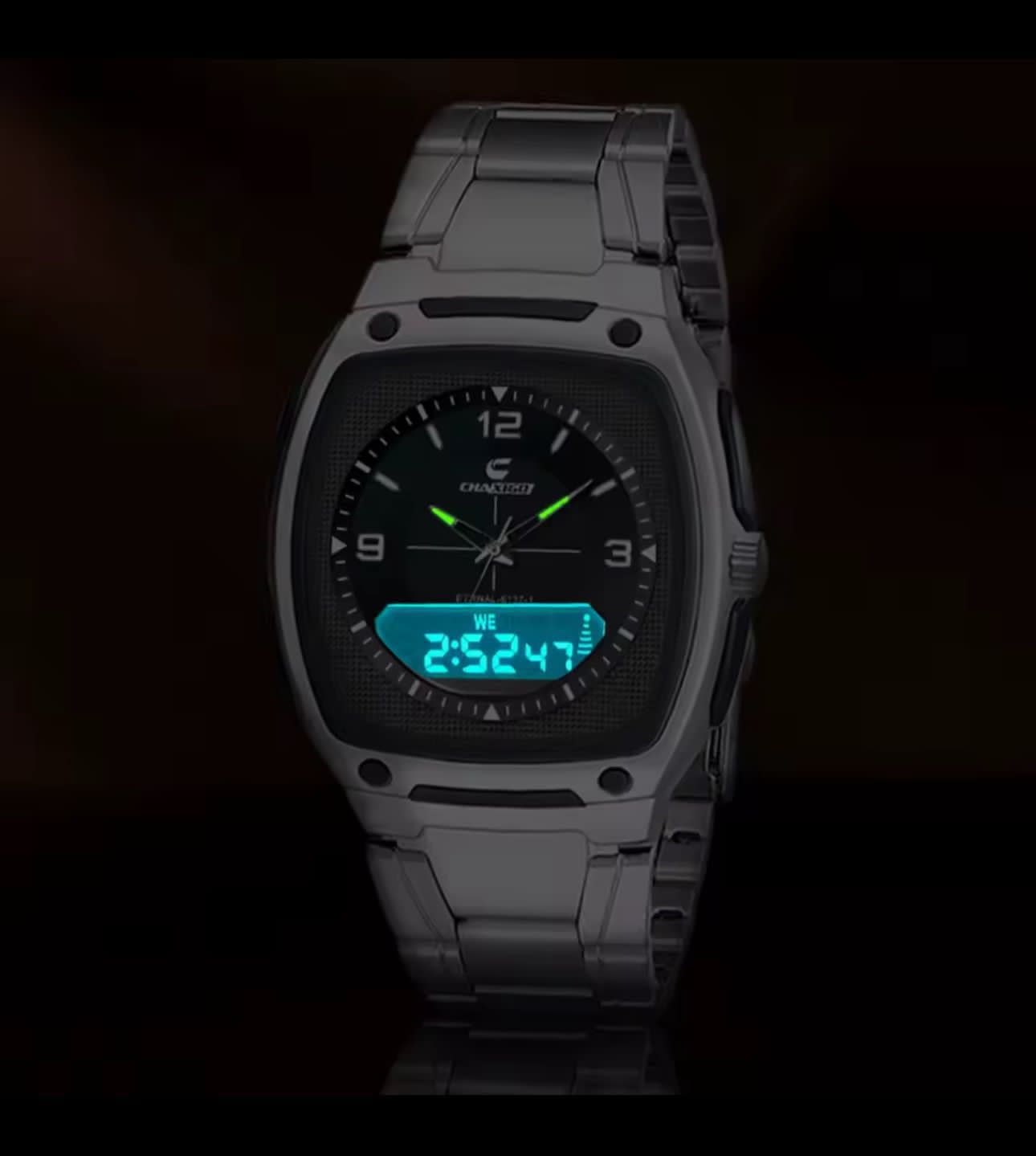 CHAXIGO Dual Time Watch #6137 - Electronic x Quartz Dual Display, 30M Waterproof, Stainless Steel Strap, Night Light Button