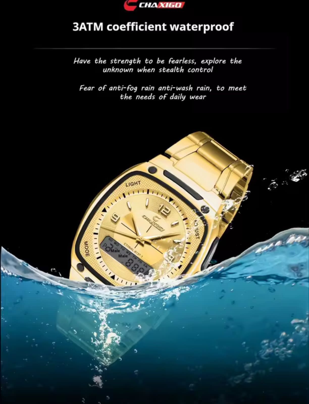 CHAXIGO Dual Time Watch #6137 - Electronic x Quartz Dual Display, 30M Waterproof, Stainless Steel Strap, Night Light Button