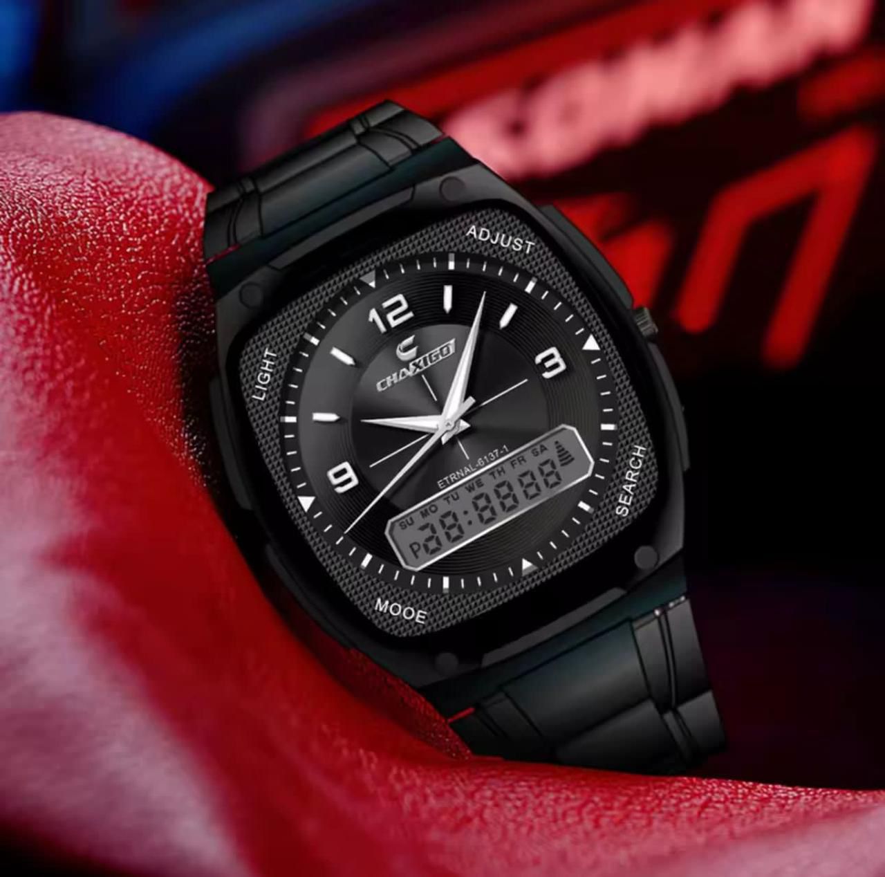 CHAXIGO Dual Time Watch #6137 - Electronic x Quartz Dual Display, 30M Waterproof, Stainless Steel Strap, Night Light Button
