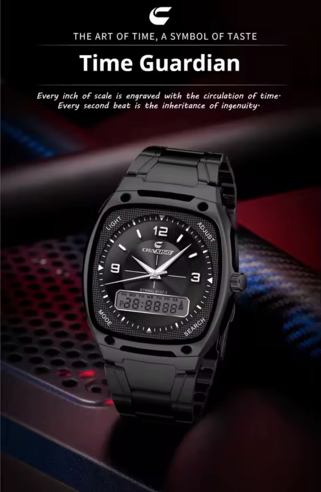 CHAXIGO Dual Time Watch #6137 - Electronic x Quartz Dual Display, 30M Waterproof, Stainless Steel Strap, Night Light Button