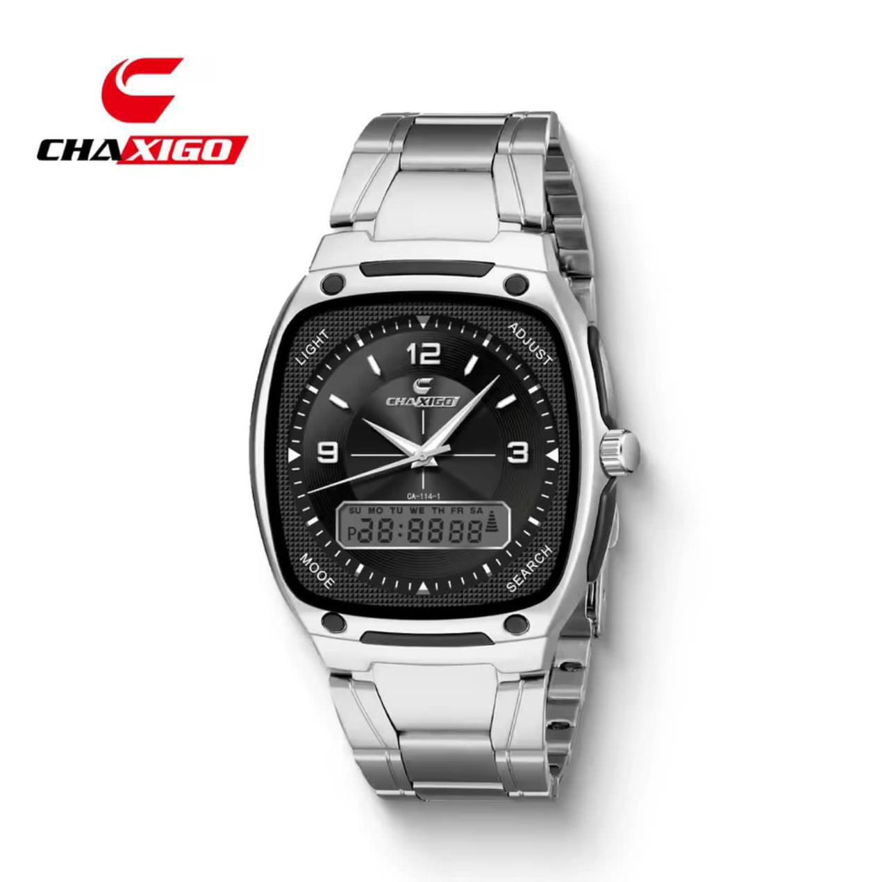CHAXIGO Dual Time Watch #6137 - Electronic x Quartz Dual Display, 30M Waterproof, Stainless Steel Strap, Night Light Button