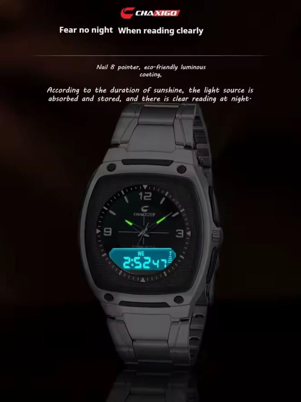 CHAXIGO Dual Time Watch #6137 - Electronic x Quartz Dual Display, 30M Waterproof, Stainless Steel Strap, Night Light Button