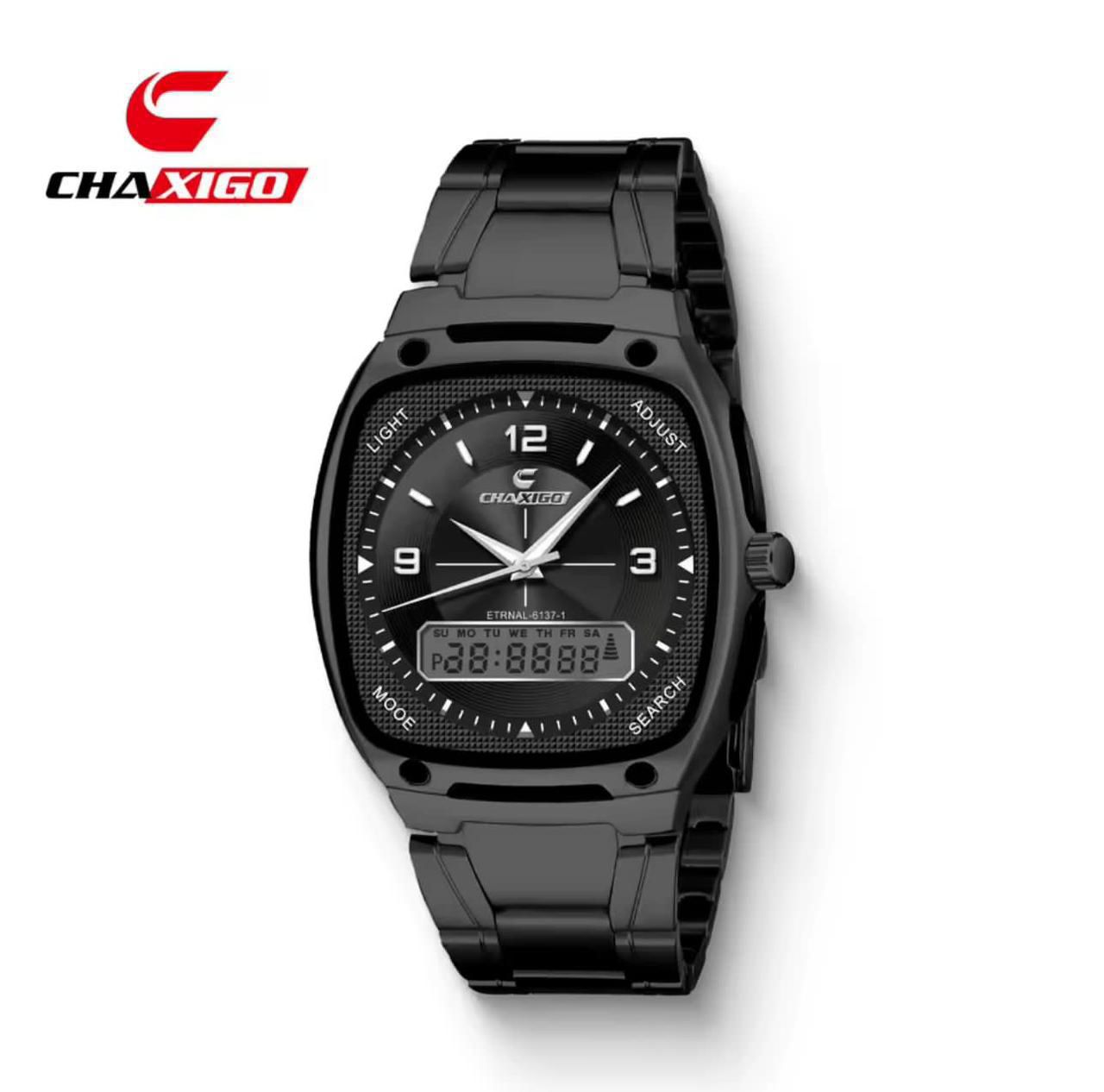 CHAXIGO Dual Time Watch #6137 - Electronic x Quartz Dual Display, 30M Waterproof, Stainless Steel Strap, Night Light Button