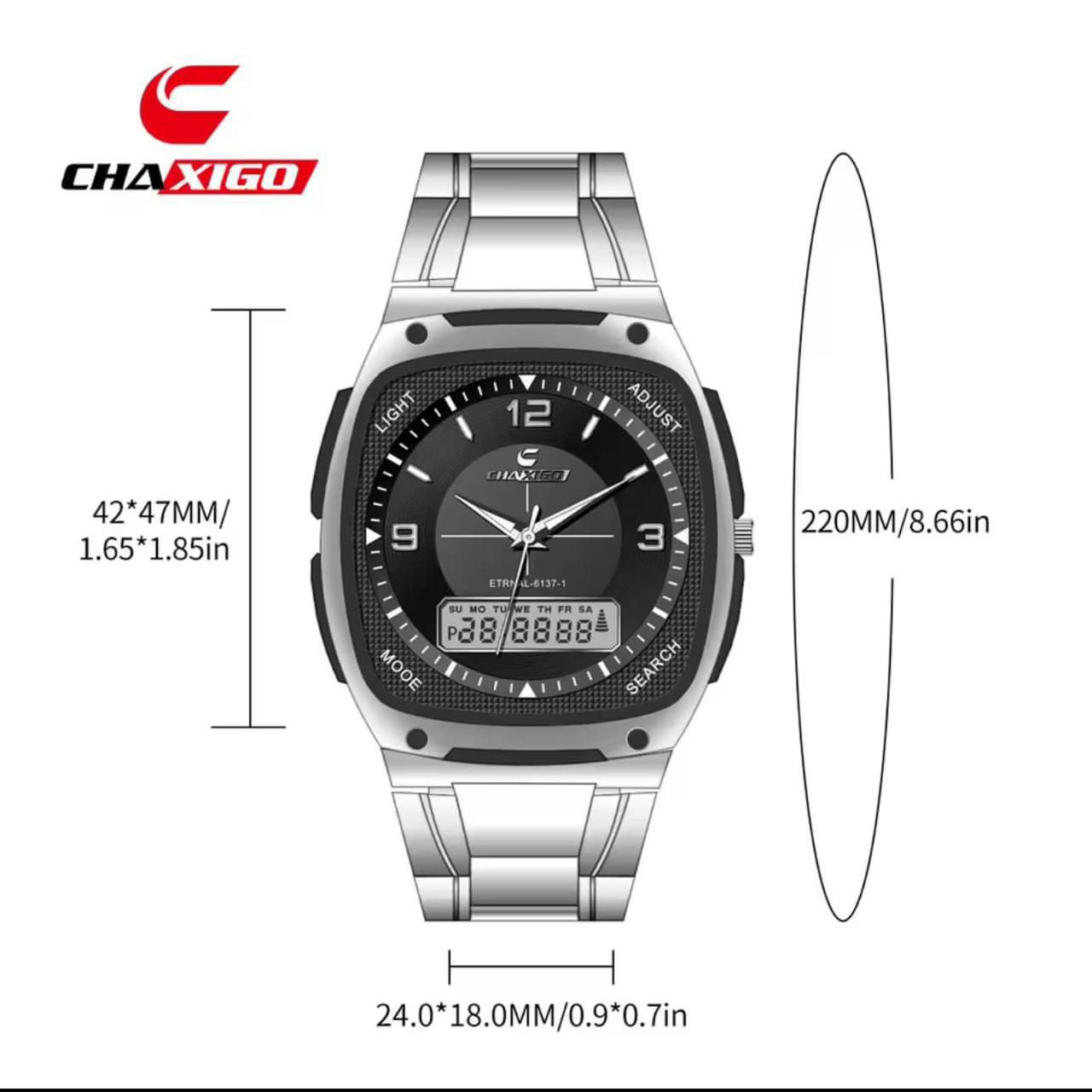 CHAXIGO Dual Time Watch #6137 - Electronic x Quartz Dual Display, 30M Waterproof, Stainless Steel Strap, Night Light Button