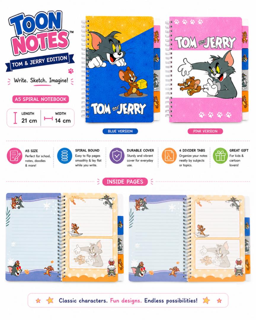 Tom and Jerry Notebook A5 Spiral Hardcover Diary – Cartoon Character Notepad for School, Office & Gifts, Assorted Designs