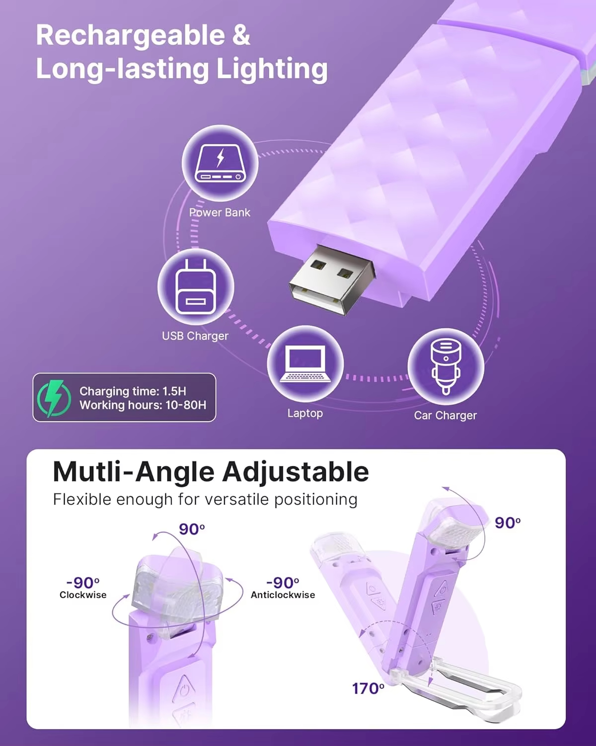 USB Rechargeable Book Light, Long Lasting & Eye Caring 3 Colors,Portable Bookmark Lamps, Brightness Adjustable for Book Lovers
