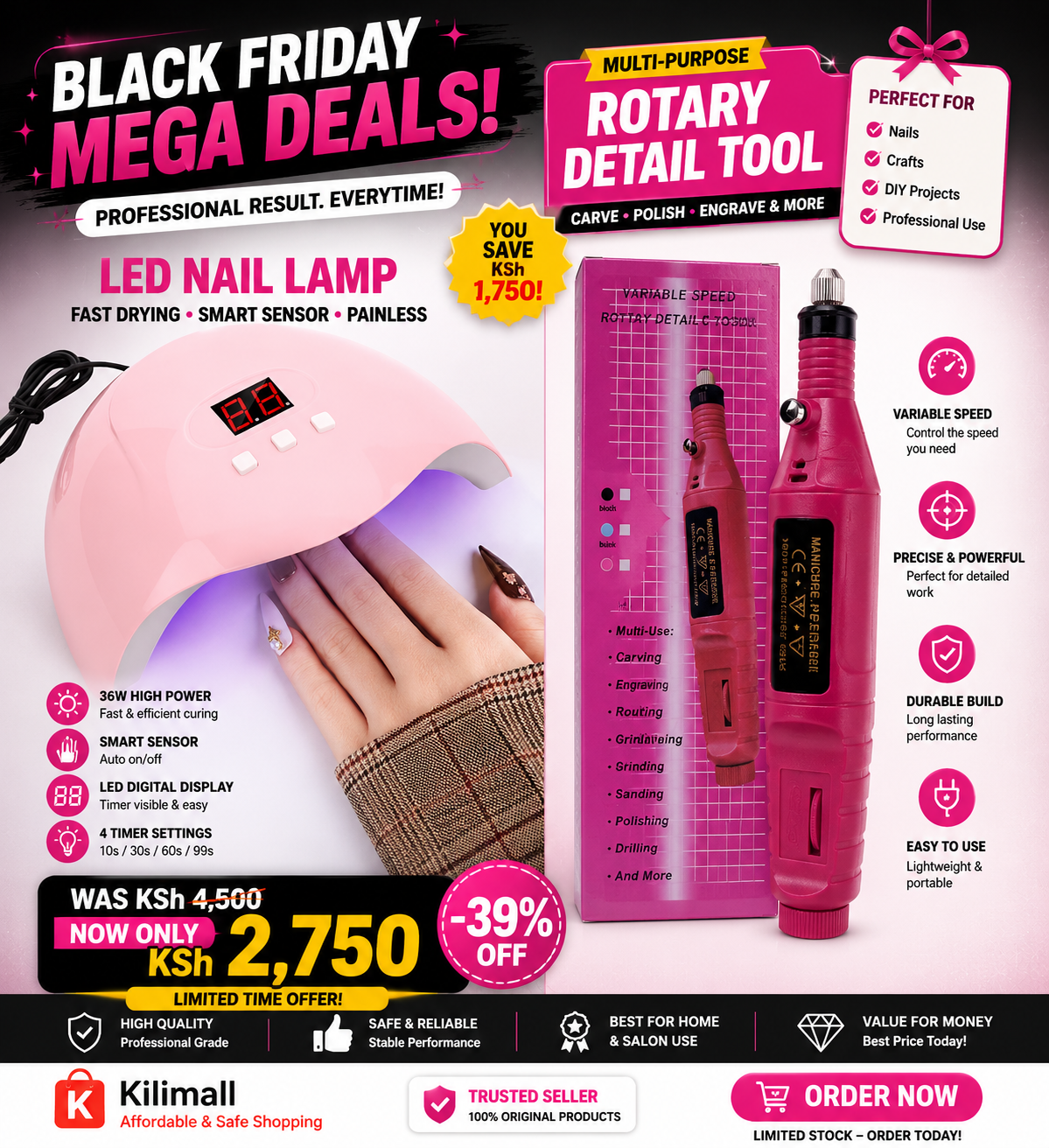 LED Nail Dryer 36W - UV/LED Lamp for Gel Polish plus free nail drill combo